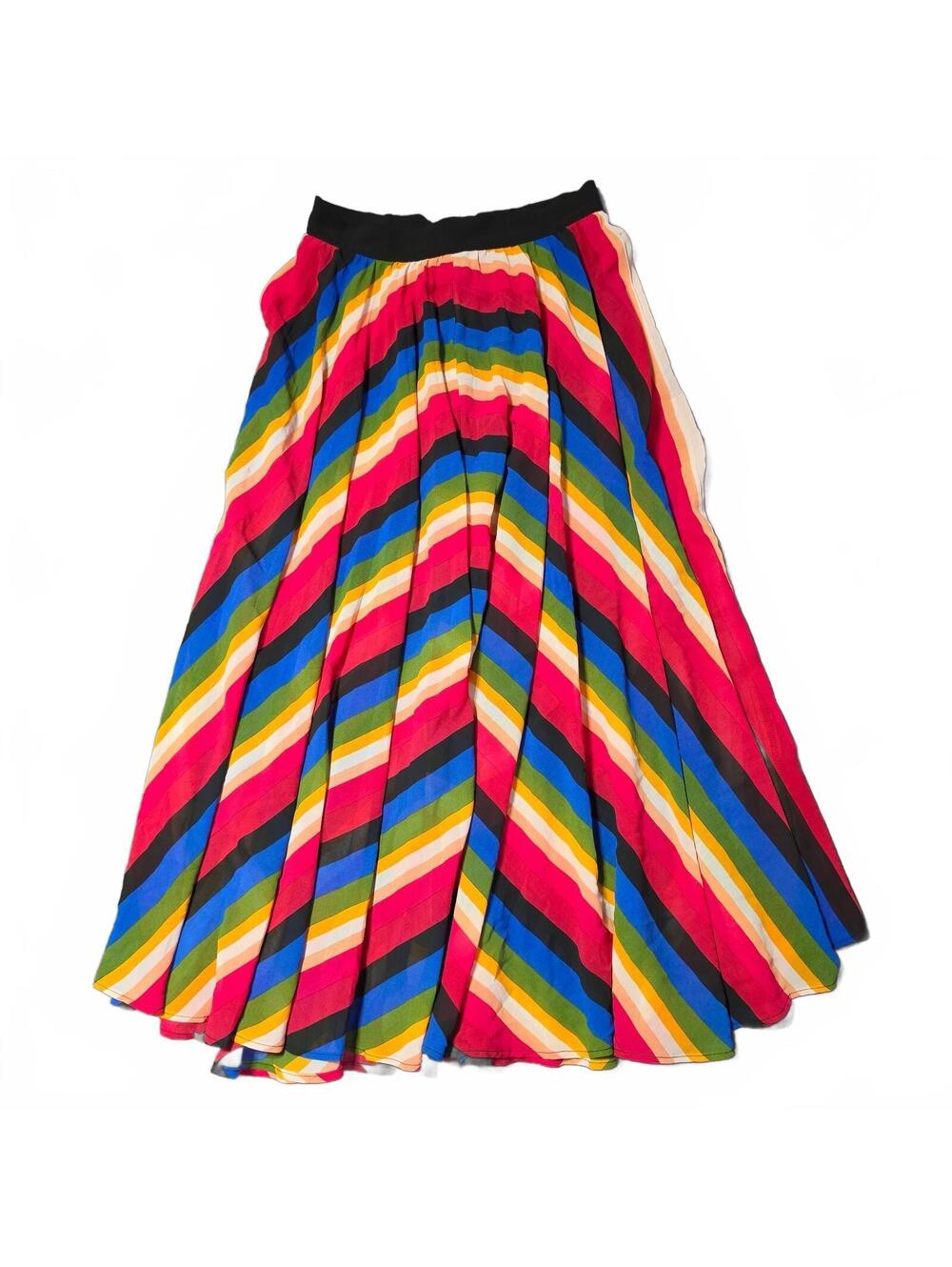 Forever 21 XS Multicolor Striped Pleated Midi Skirt Colorful Sheer Rainbow